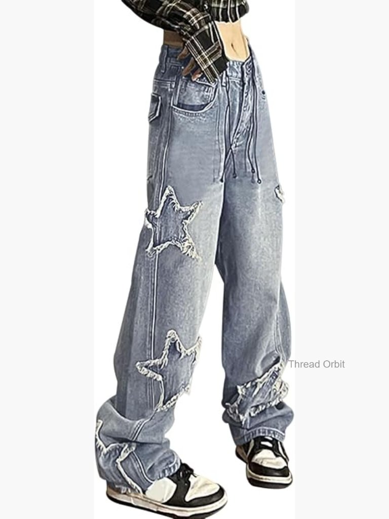 Kids Y2k Baggy Jeans Star Patchwork High Waist Denim Straight Leg